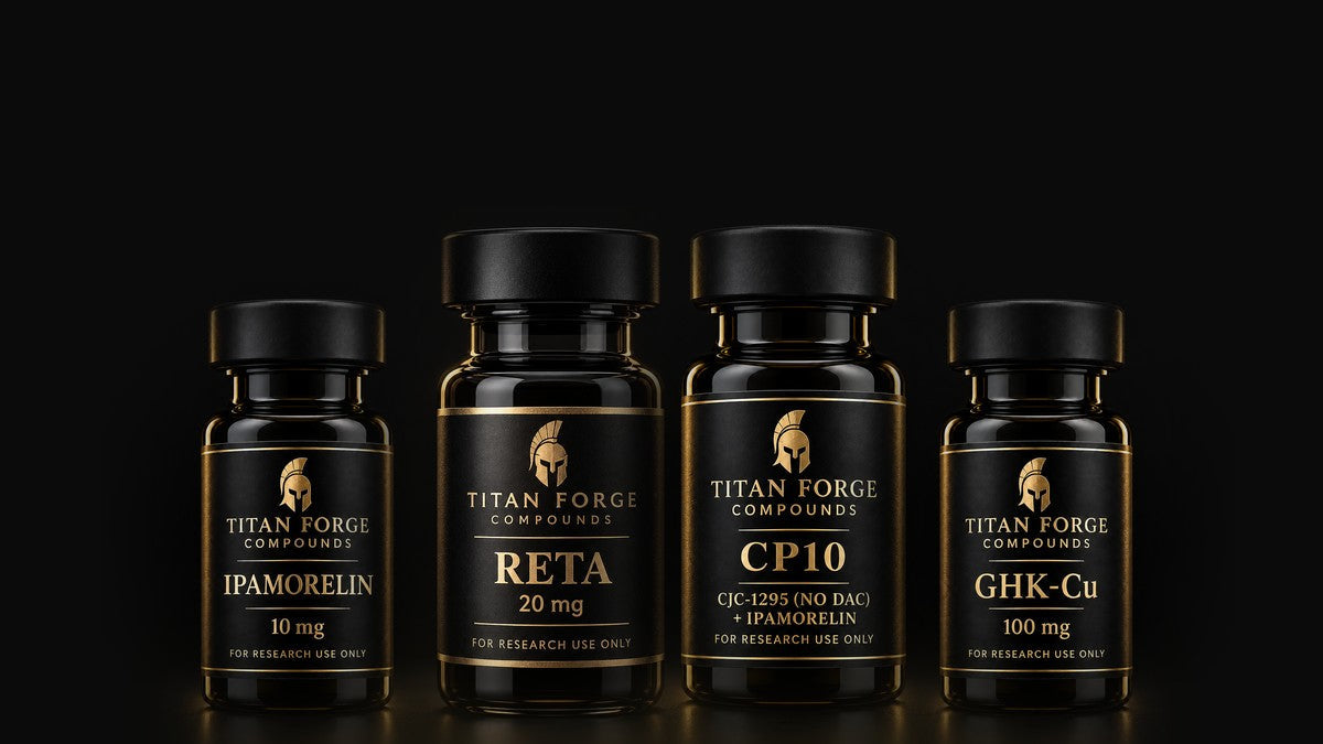 Ipamorelin, Retatrutide, CP10 and GHK-Cu research peptide vials – Titan Forge Compounds