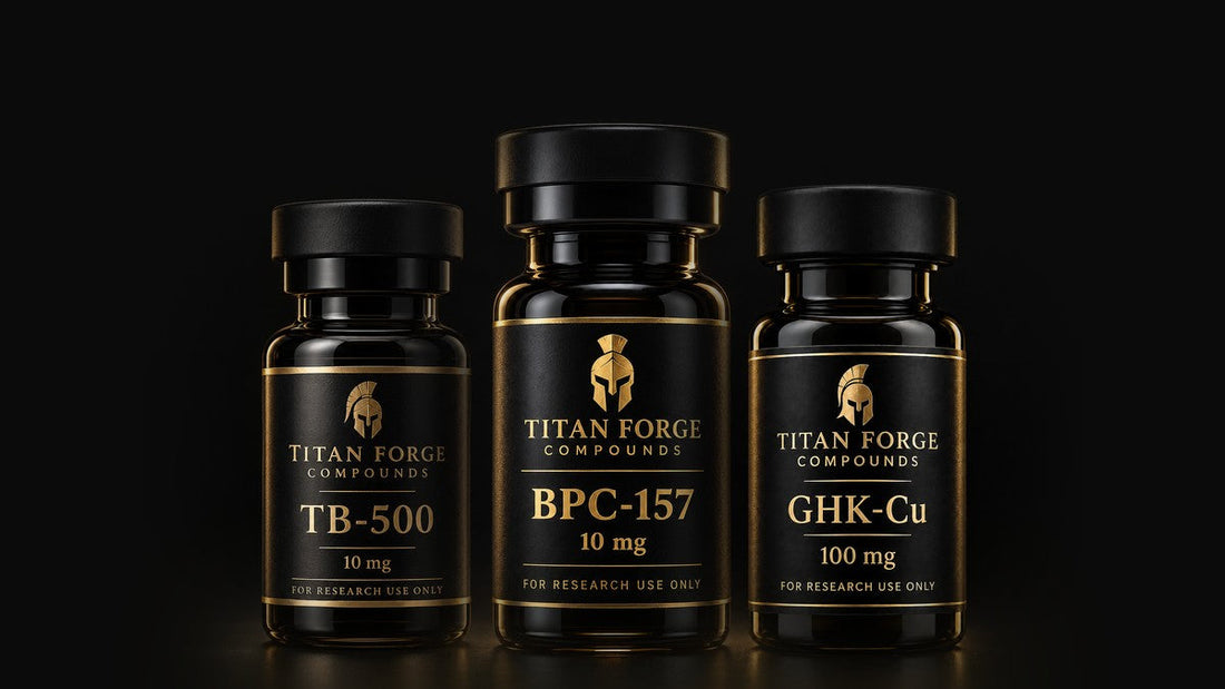 TB-500, BPC-157 and GHK-Cu research peptide vials – Titan Forge Compounds