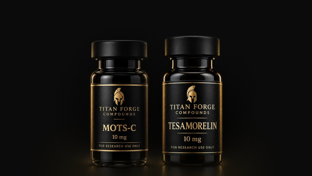MOTS-c and Tesamorelin research peptide vials – Titan Forge Compounds