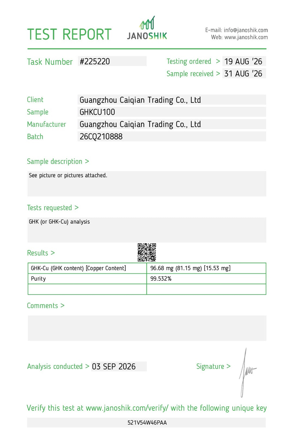 GHK-Cu 100mg Janoshik Certificate of Analysis (COA)