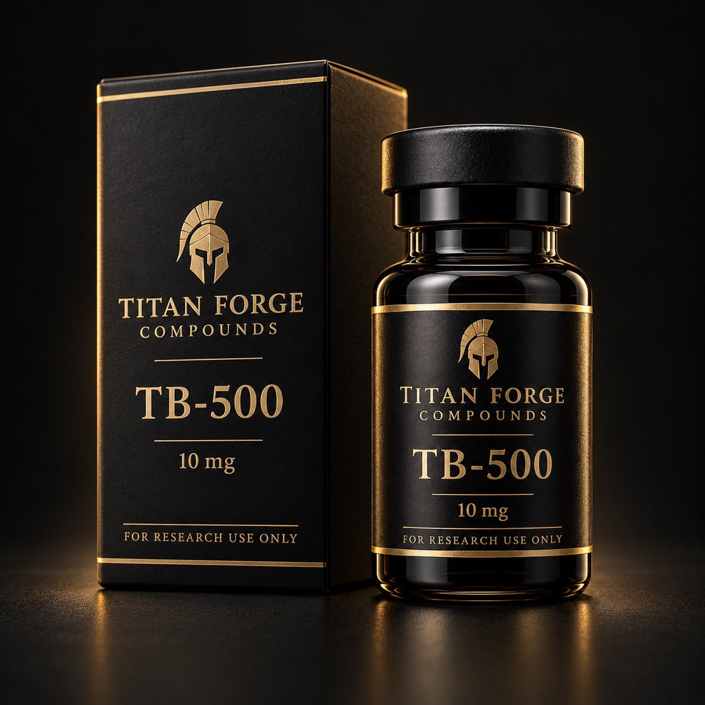 TB-500 10mg research peptide vial and box packaging – Titan Forge Compounds