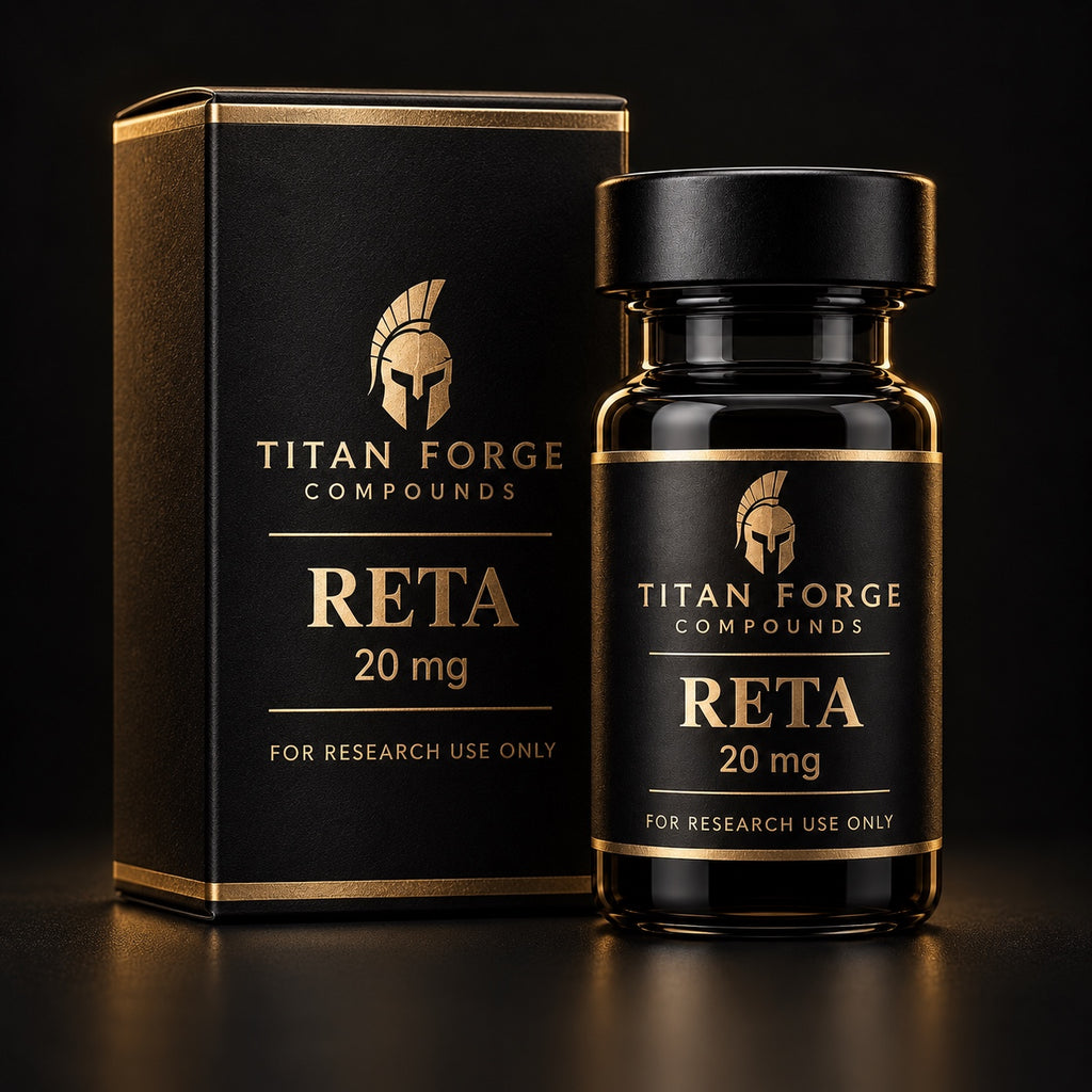 Retatrutide 20mg research peptide vial and box packaging – Titan Forge Compounds