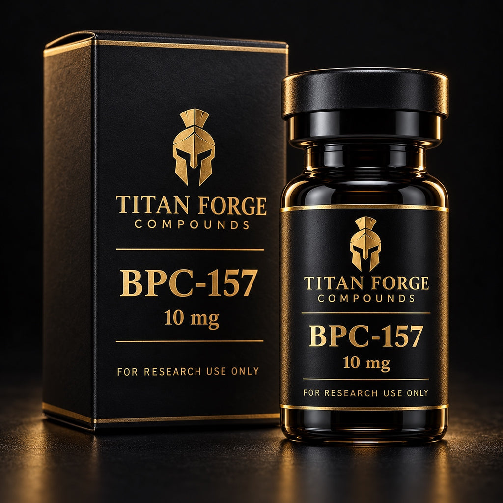 BPC-157 10mg research peptide vial and box packaging – Titan Forge Compounds