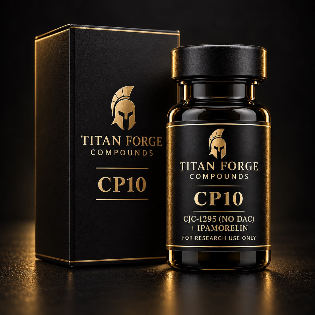 CP10 CJC-1295 (no DAC) & Ipamorelin Blend research peptide vial and box packaging – Titan Forge Compounds