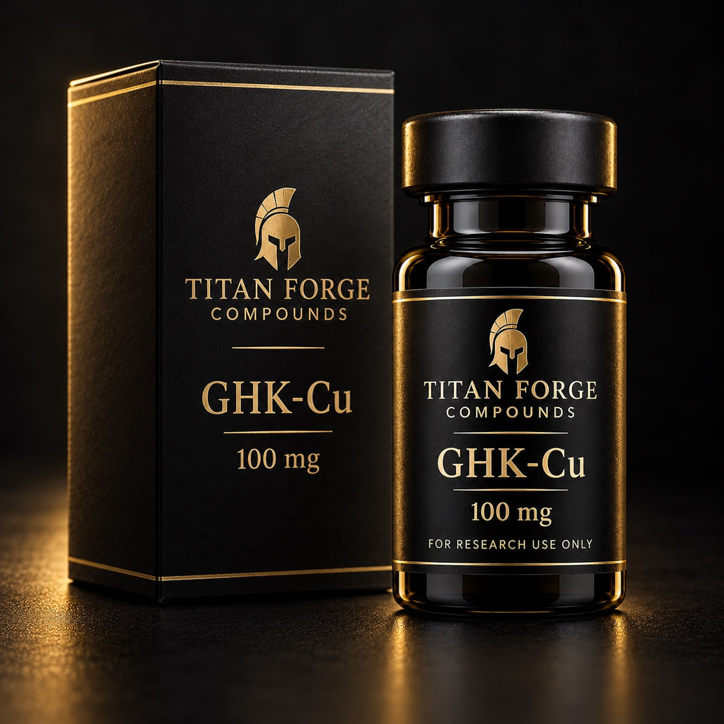 GHK-Cu 100mg research peptide vial and box packaging – Titan Forge Compounds