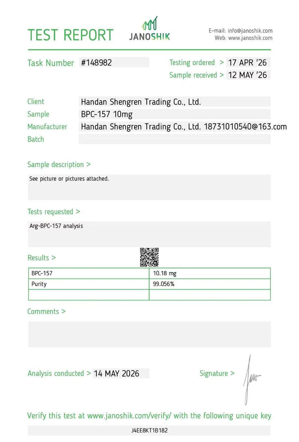 BPC-157 10mg Janoshik Certificate of Analysis (COA)