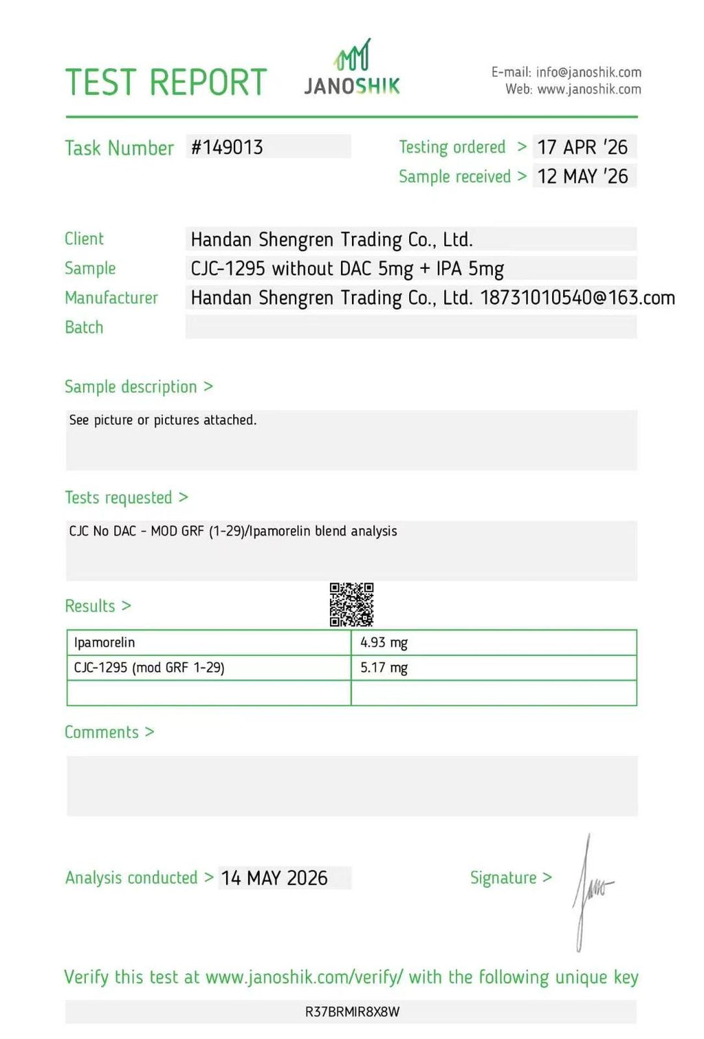 CP10 – CJC-1295 (no DAC) & Ipamorelin Blend Janoshik Certificate of Analysis (COA)