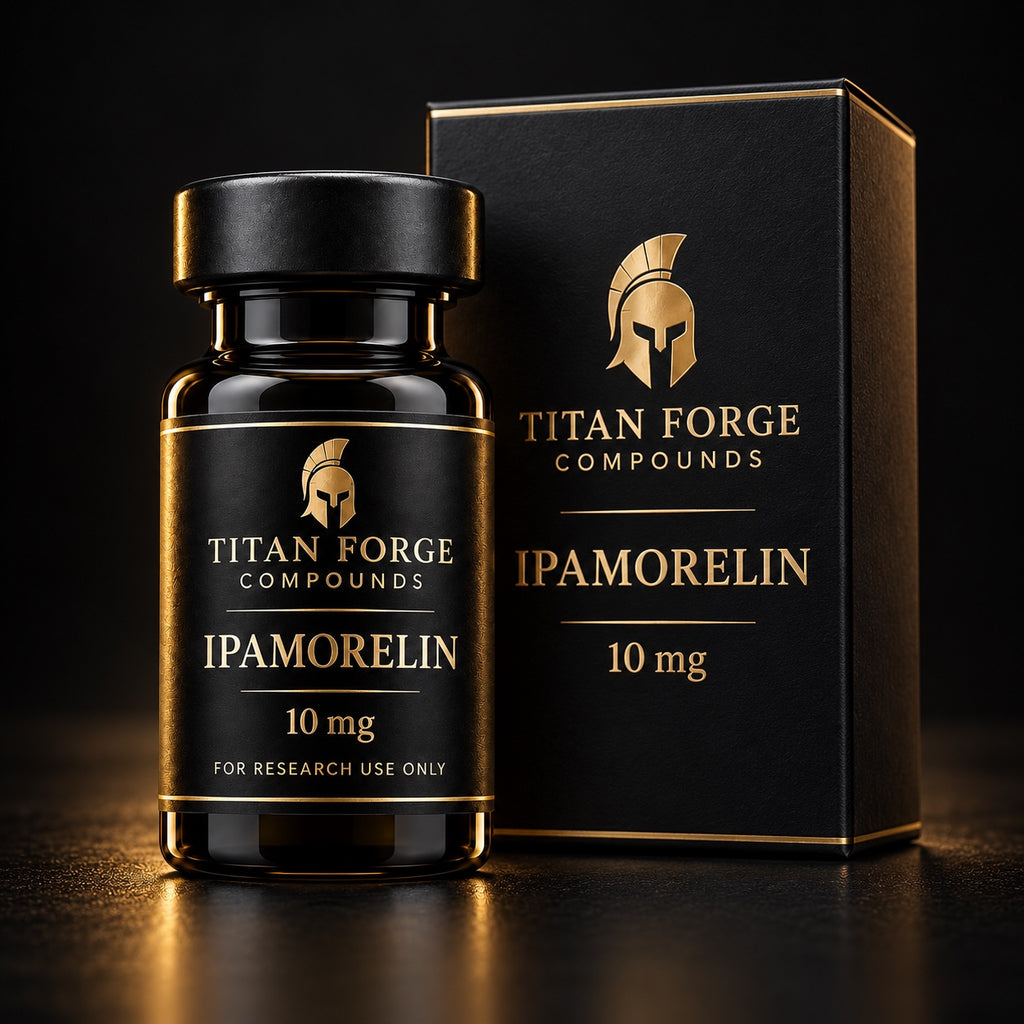 Ipamorelin 10mg research peptide vial and box packaging – Titan Forge Compounds