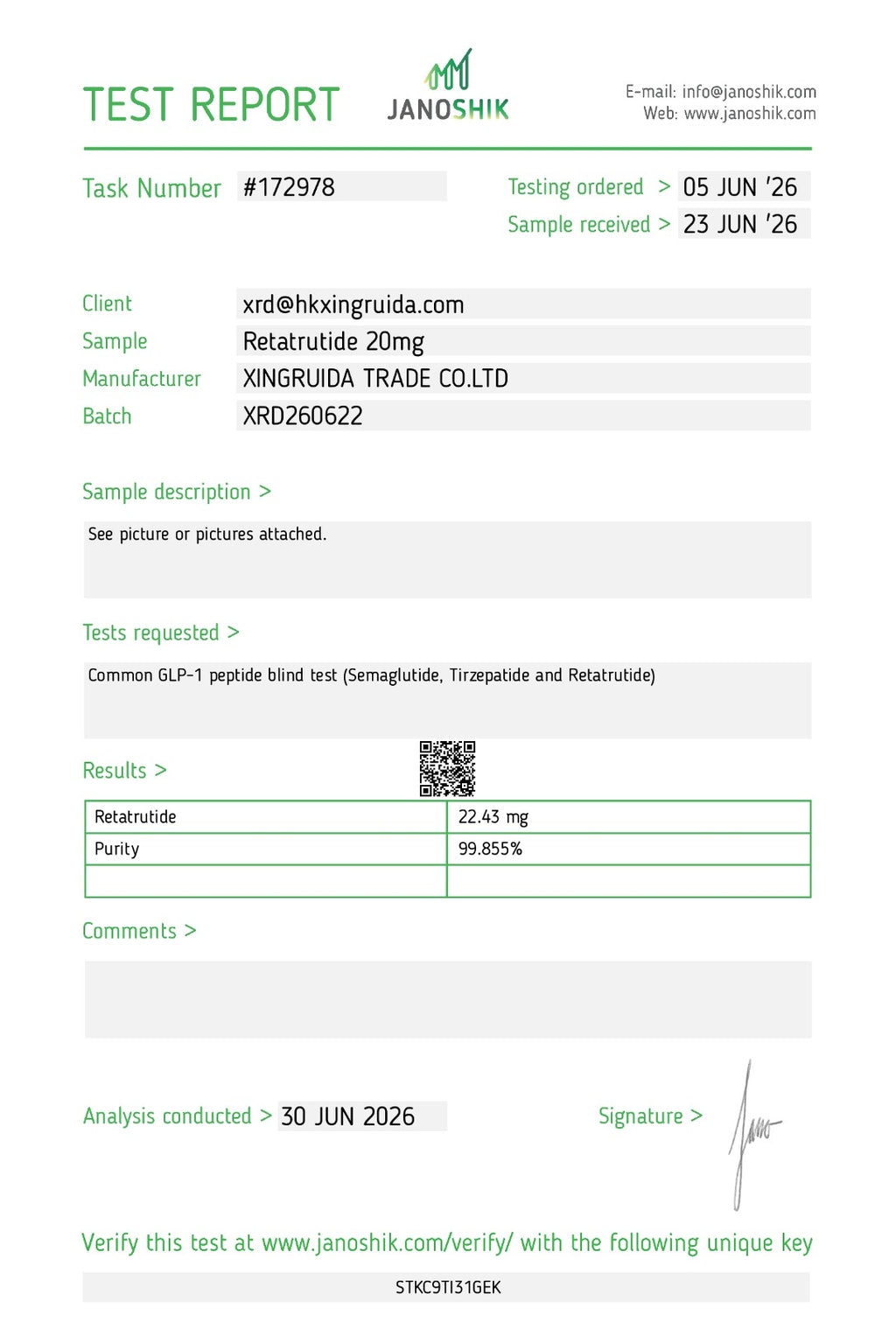 Retatrutide 20mg Janoshik Certificate of Analysis (COA) – Batch XRD260622, 99.855% purity, tested 30 June 2026