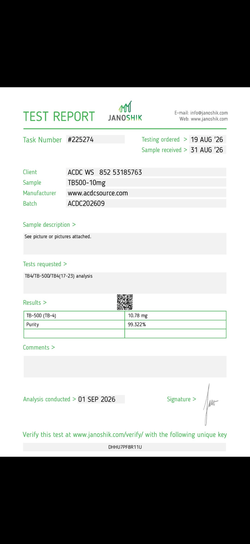 TB-500 10mg Janoshik Certificate of Analysis (COA) – 99.322% purity