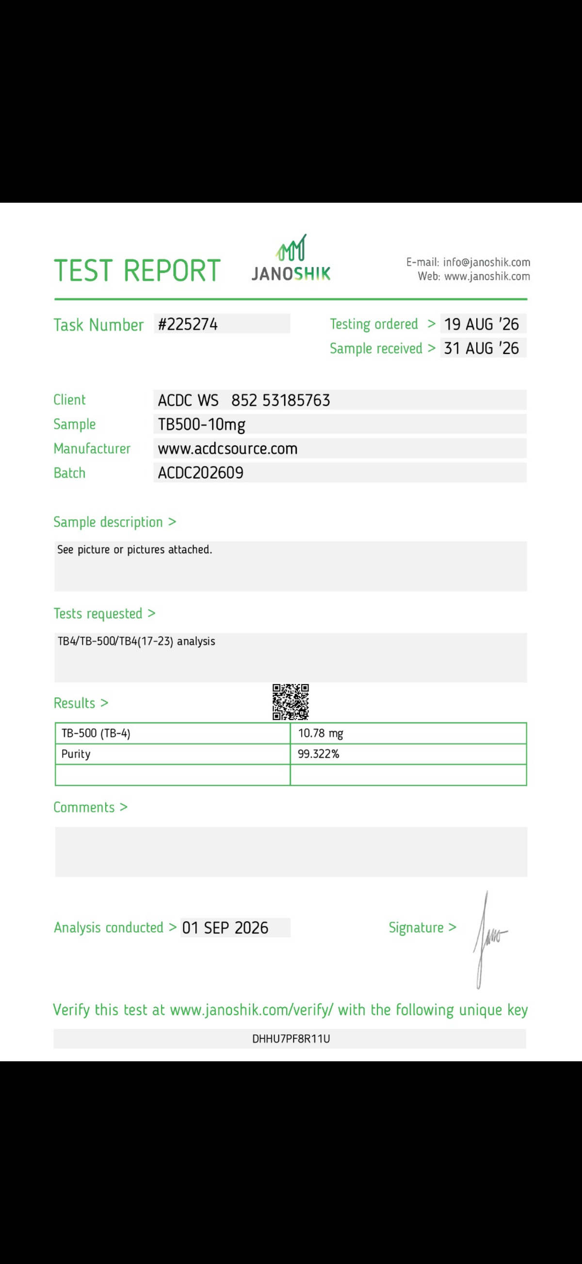 TB-500 10mg Janoshik Certificate of Analysis (COA) – 99.322% purity