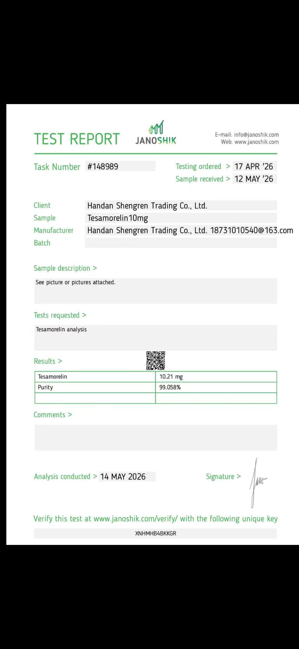 Tesamorelin 10mg Janoshik Certificate of Analysis (COA) – 99.058% purity