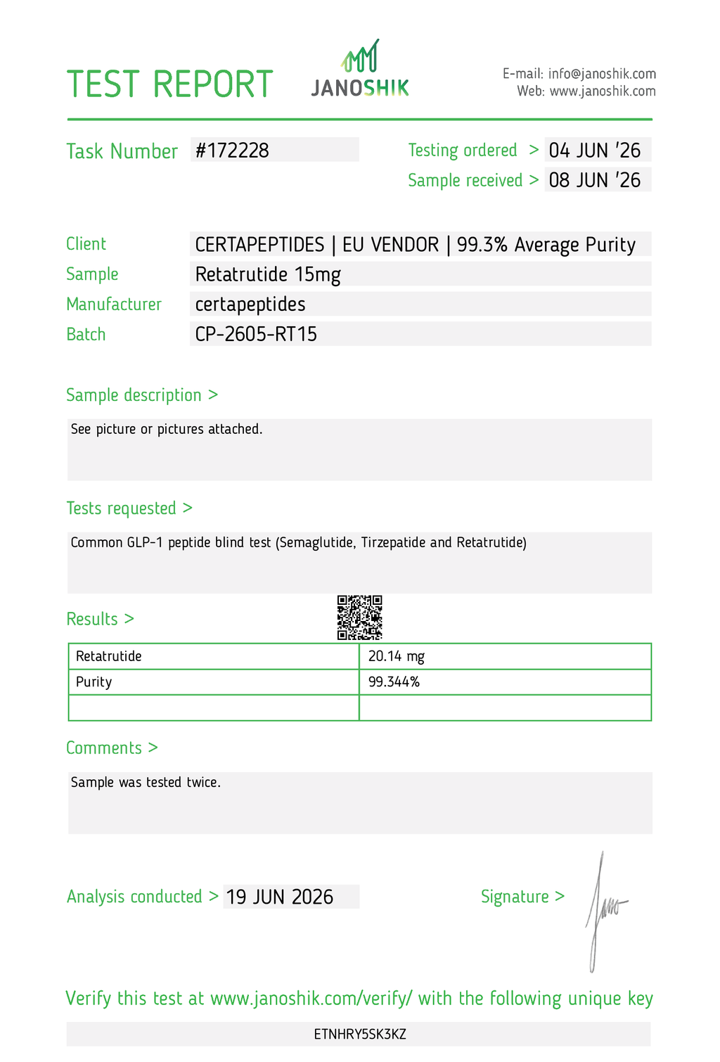 Retatrutide 15mg Janoshik Certificate of Analysis (COA) – Batch CP-2605-RT15, 99.344% purity, tested 19 June 2026