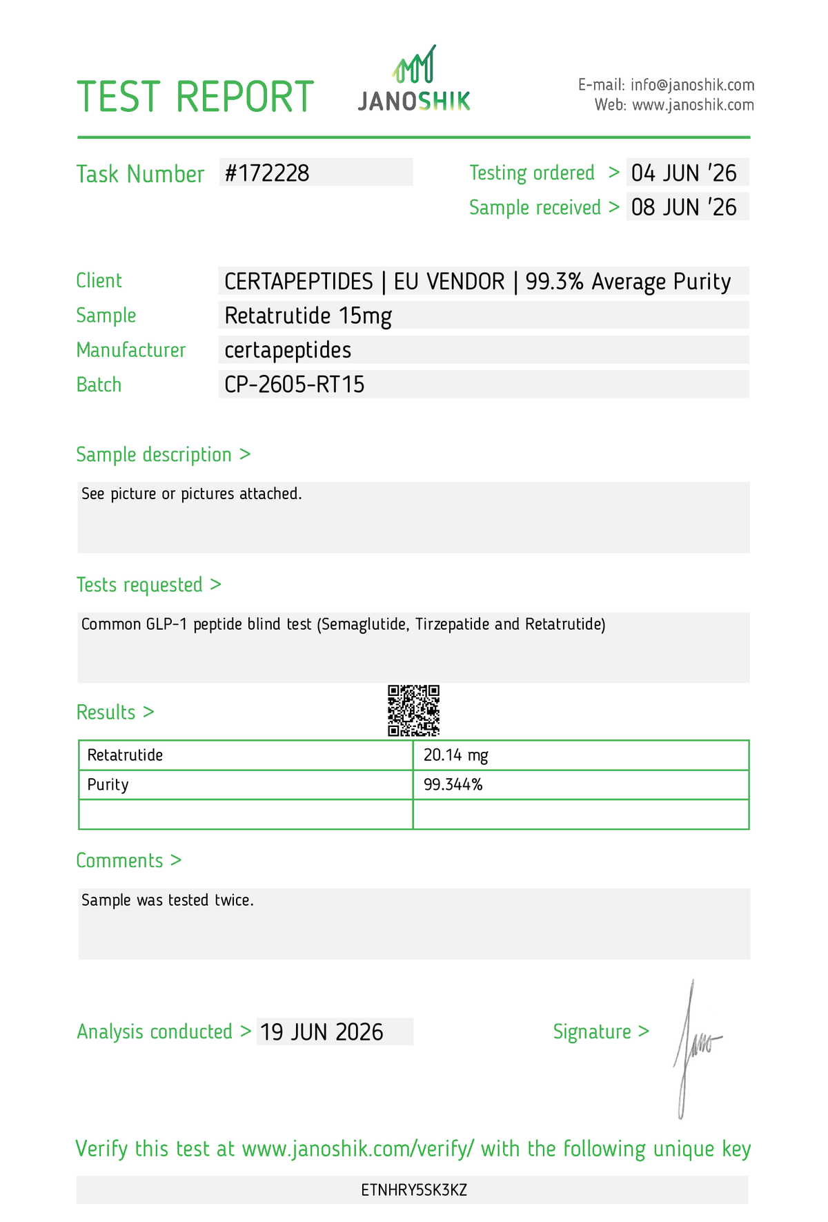 Retatrutide 15mg Janoshik Certificate of Analysis (COA) – Batch CP-2605-RT15, 99.344% purity, tested 19 June 2026
