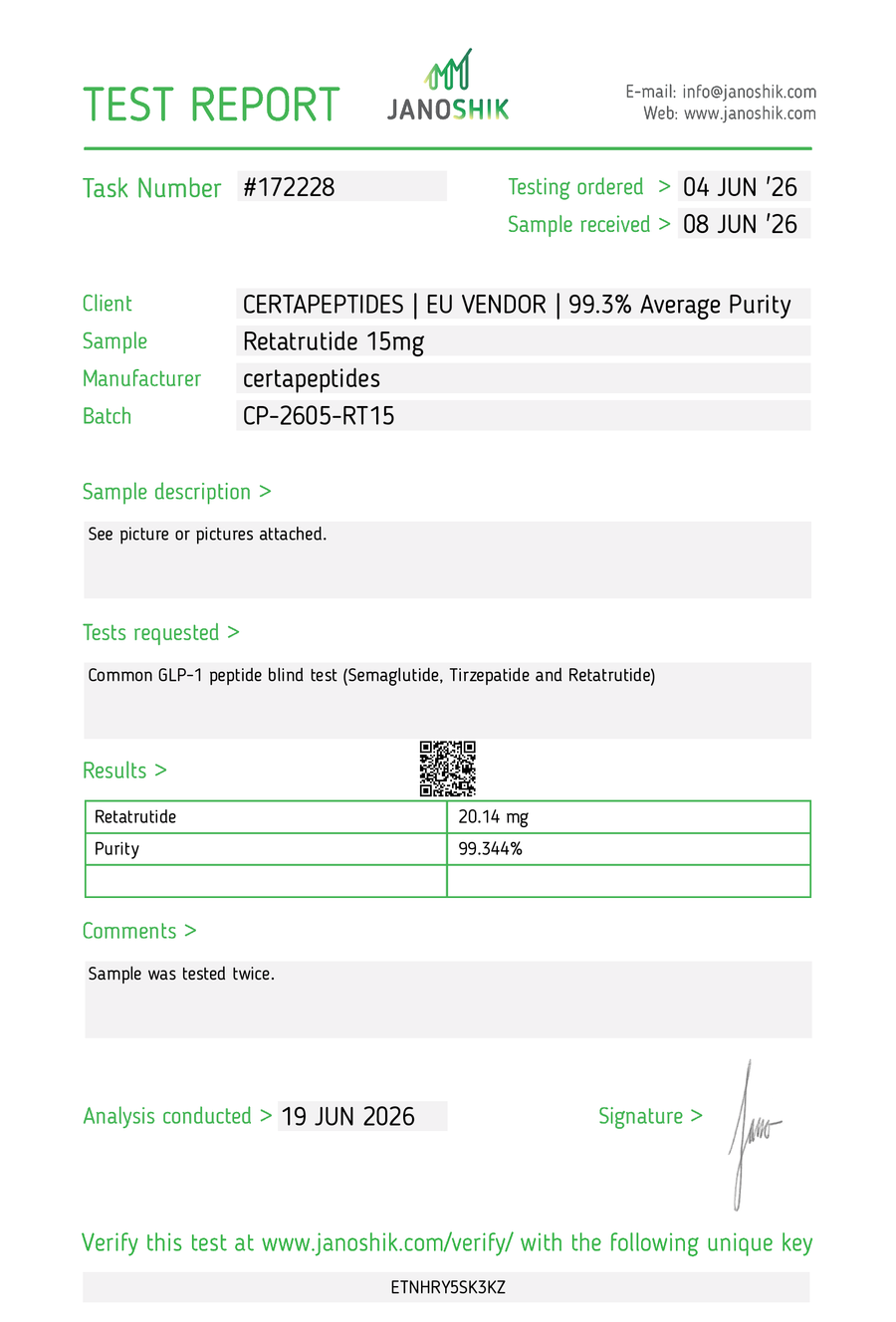 Retatrutide 15mg Janoshik Certificate of Analysis (COA) – Batch CP-2605-RT15, 99.344% purity, tested 19 June 2026