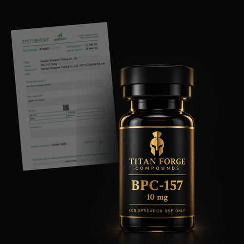 BPC-157 10mg vial with its Certificate of Analysis (dark) – Titan Forge Compounds