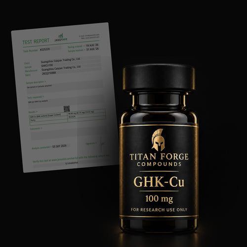 GHK-Cu 100mg vial with its Certificate of Analysis (dark) – Titan Forge Compounds