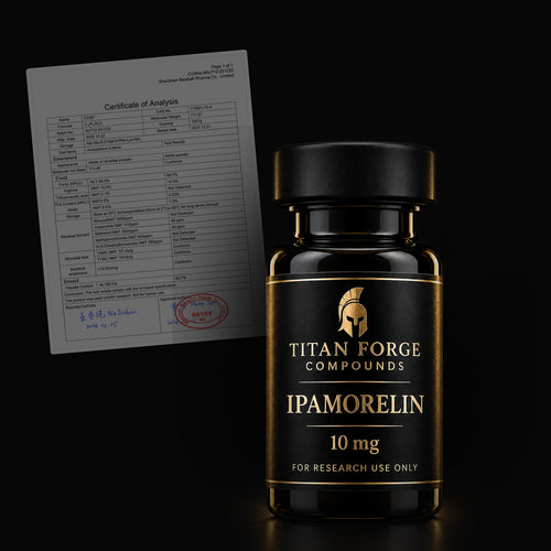 Ipamorelin 10mg vial with its Certificate of Analysis (dark) – Titan Forge Compounds