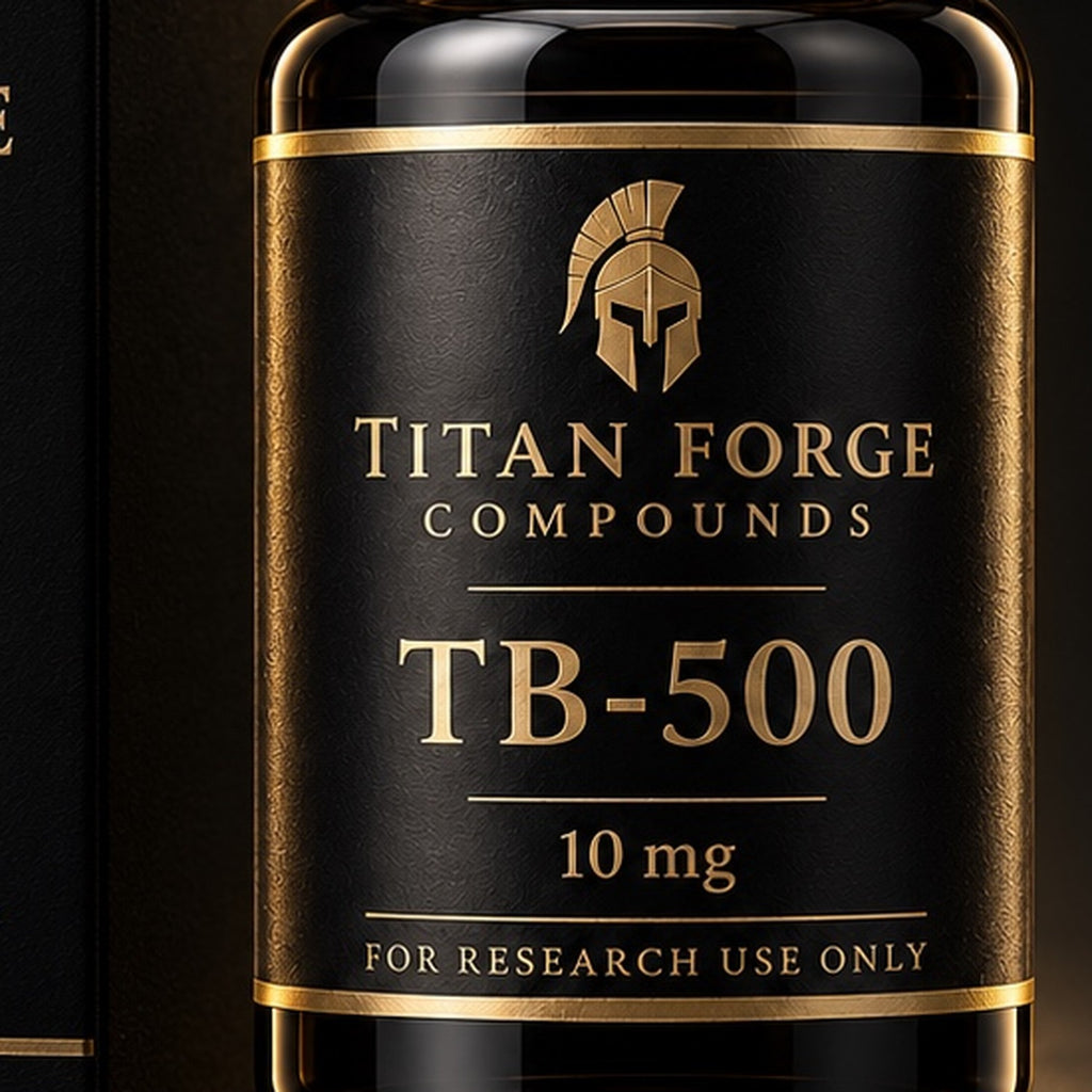 TB-500 10mg vial label close-up – Titan Forge Compounds, for research use only