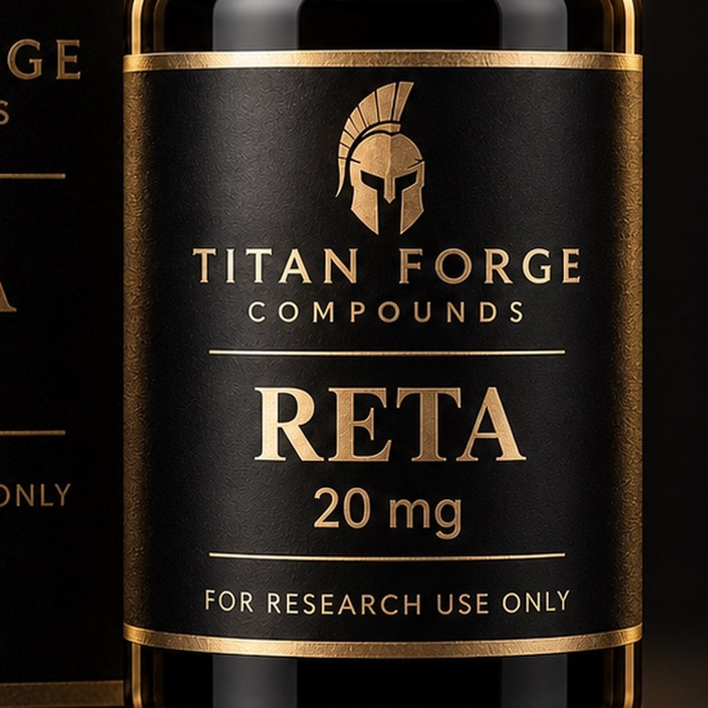 Retatrutide 20mg vial label close-up – Titan Forge Compounds, for research use only