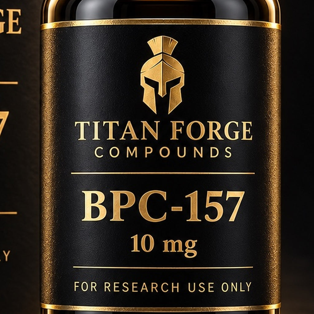 BPC-157 10mg vial label close-up – Titan Forge Compounds, for research use only
