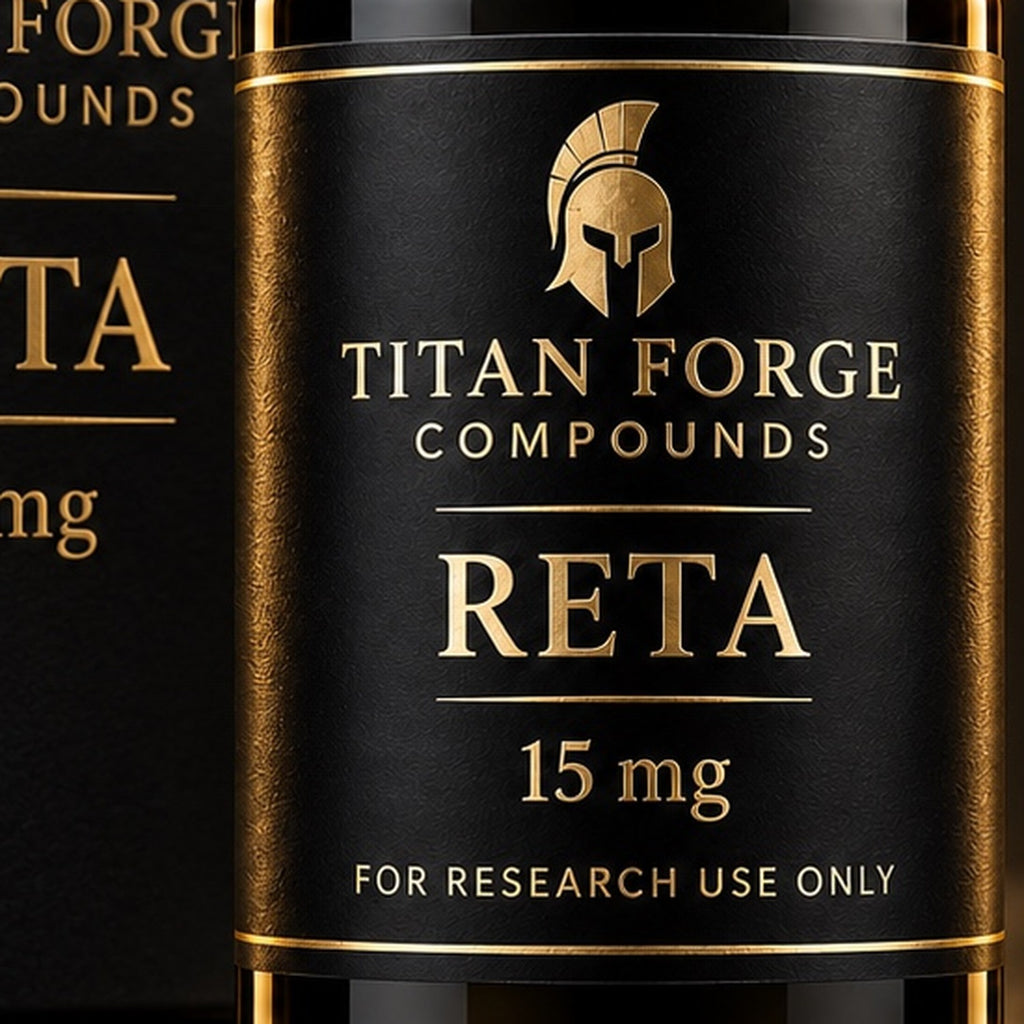 Retatrutide 15mg vial label close-up – Titan Forge Compounds, for research use only