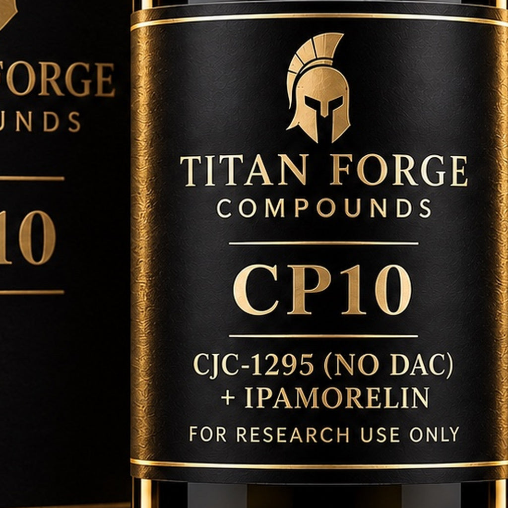 CP10 CJC-1295 (no DAC) & Ipamorelin Blend vial label close-up – Titan Forge Compounds, for research use only