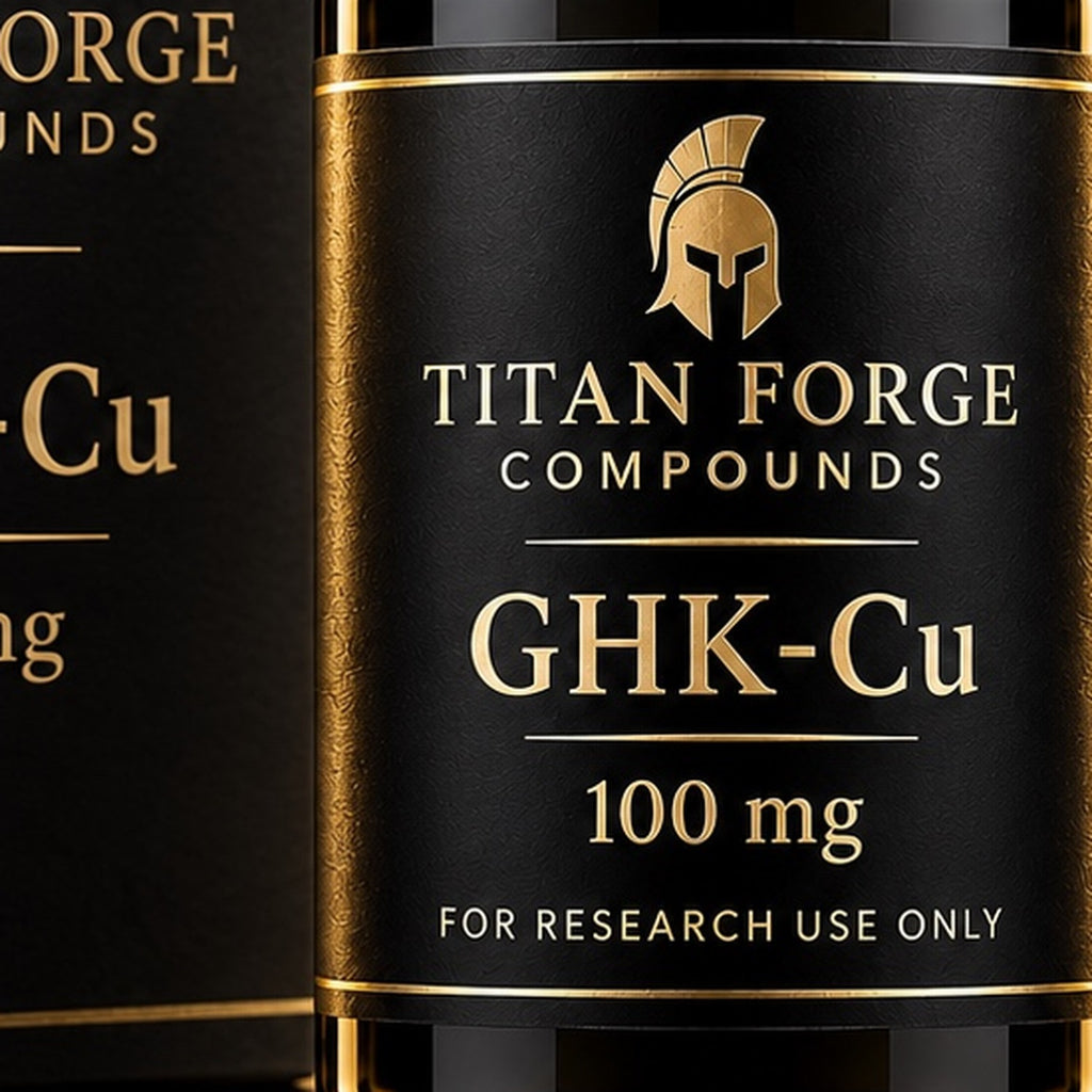 GHK-Cu 100mg vial label close-up – Titan Forge Compounds, for research use only
