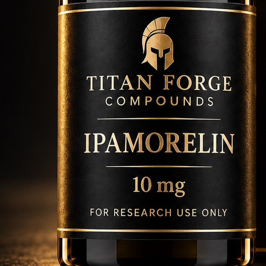 Ipamorelin 10mg vial label close-up – Titan Forge Compounds, for research use only