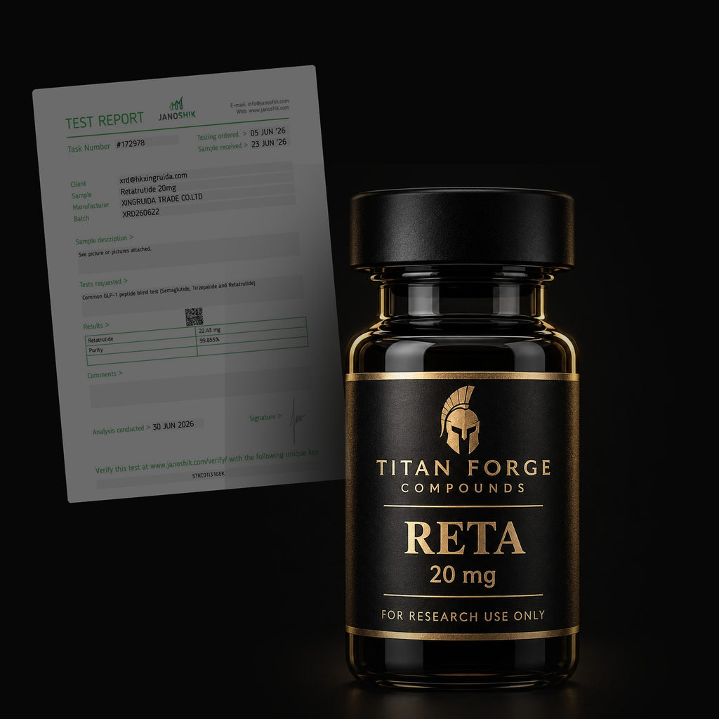 Retatrutide 20mg vial with its Certificate of Analysis (dark) – Titan Forge Compounds
