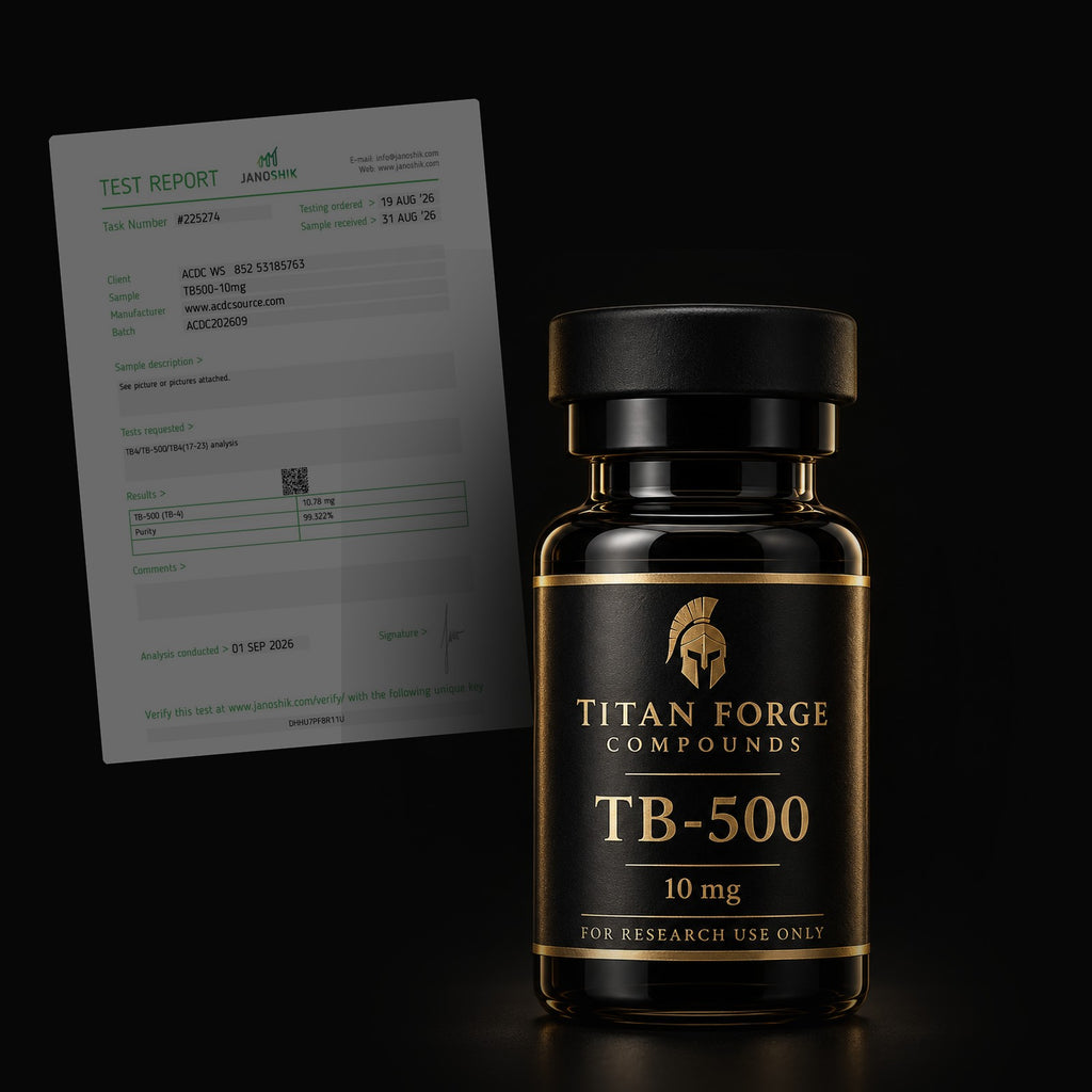 TB-500 10mg vial with its Certificate of Analysis (dark) – Titan Forge Compounds